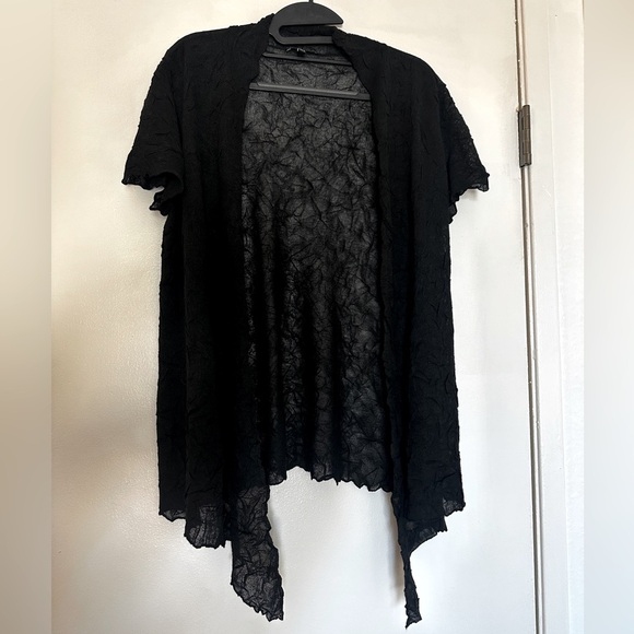 Eileen Fisher Black Crinkled Sheer Short Sleeve Open Cardigan Size S lightweight - Picture 1 of 10